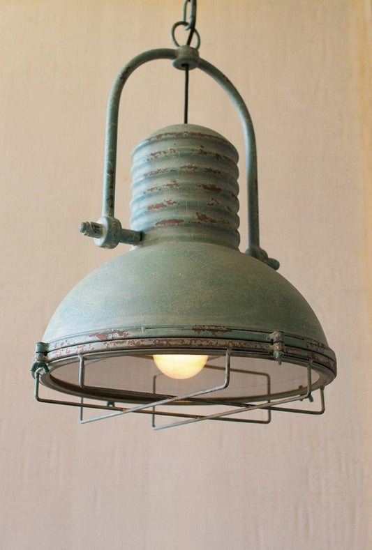 Unique Rustic Turquoise Pendant Light with Wire Cage