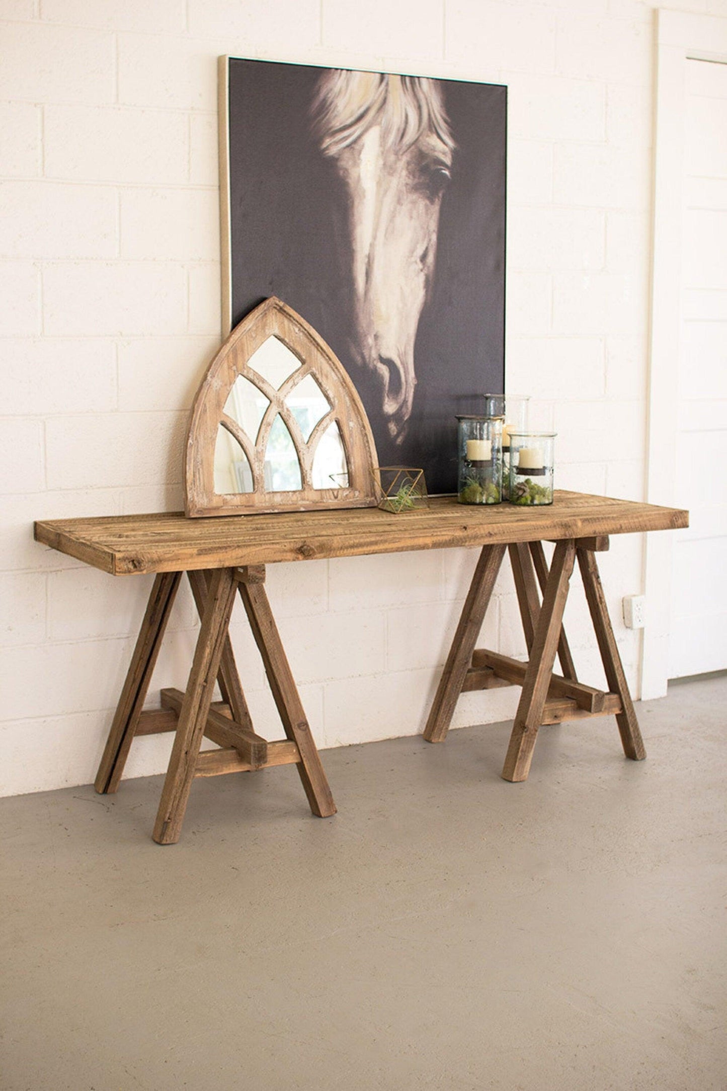 Recycled Wooden Deep Console With Saw Horse Base