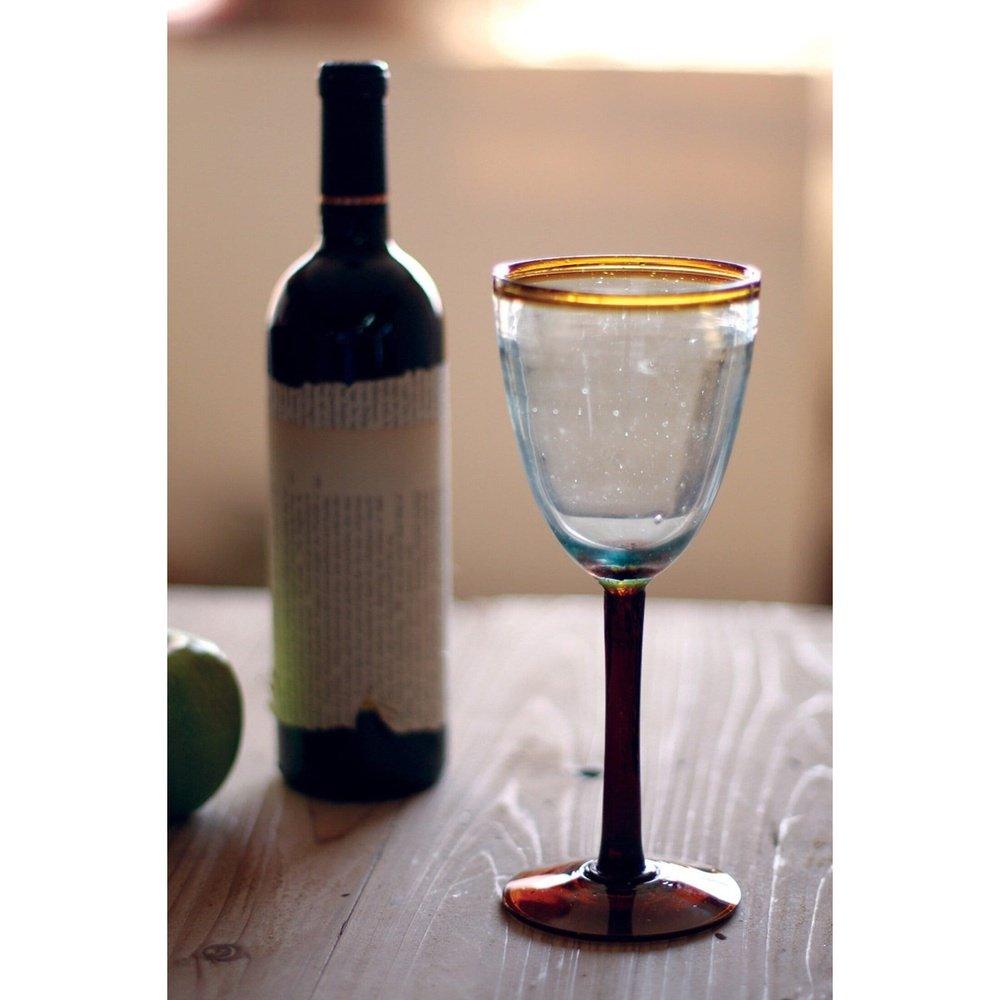 Set of Six Unique Recycled Stemmed Wine Glasses with Amber Rim