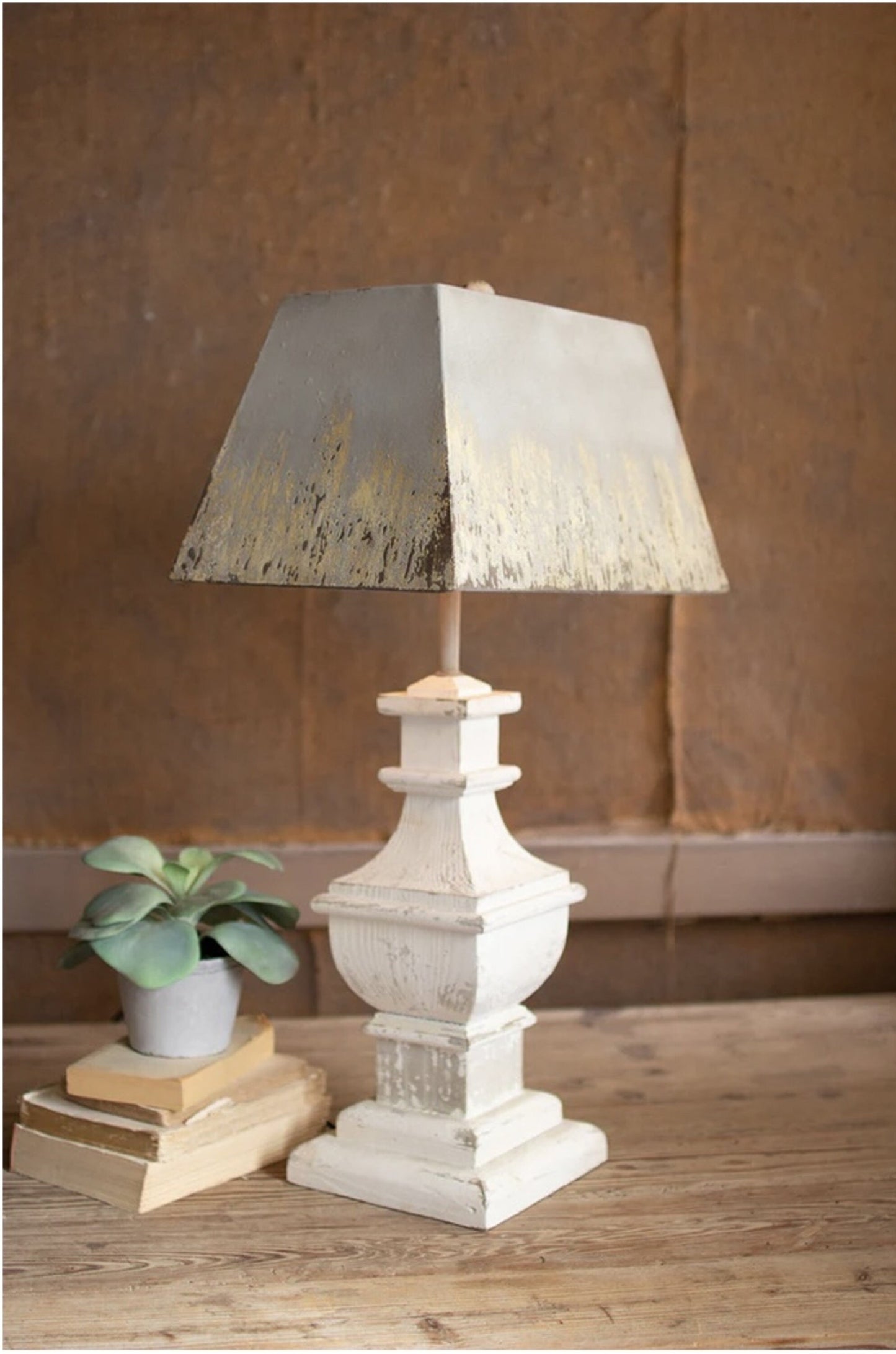Rectangular Metal-Shaded Table Lamp with Painted Wooden Base
