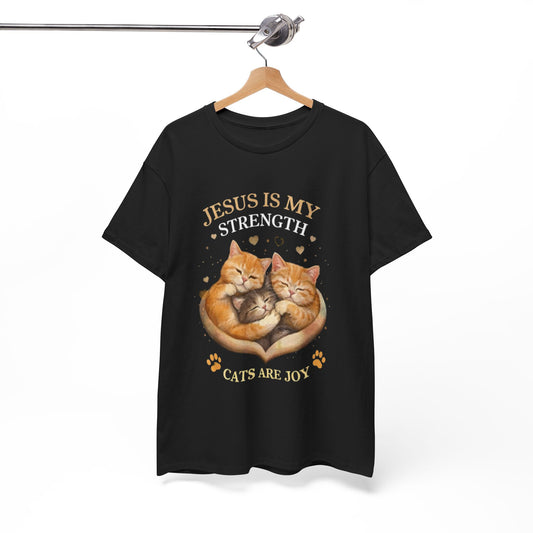 Christian Cat T-Shirt — "Jesus Is My Strength, Cats Are Joy" Comfort Tee