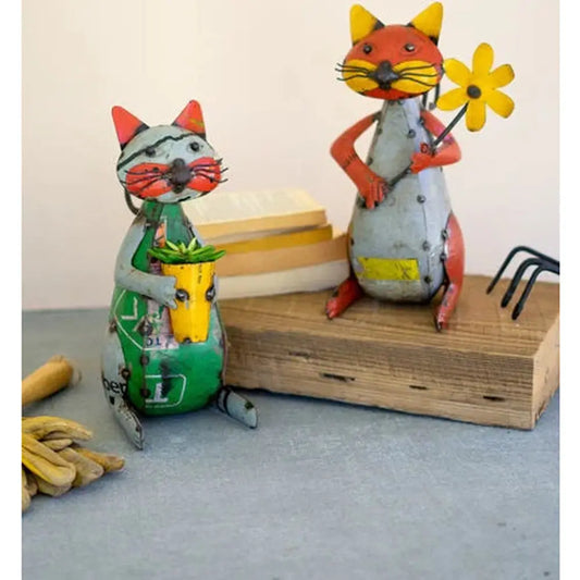 Multicolored Recycled Iron Cats With Flower And Pot Set of 2