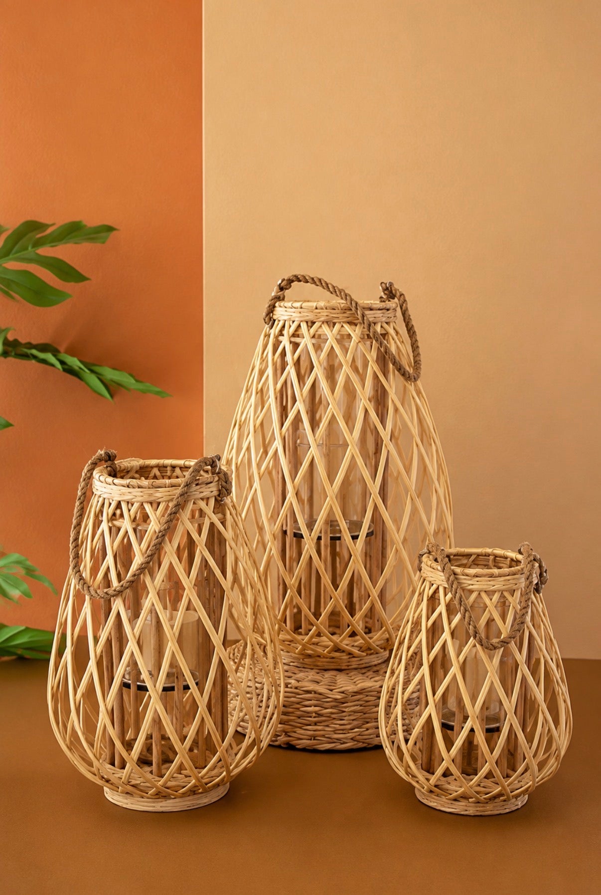 Set of 3 Natural Willow Lanterns with Glass Insert