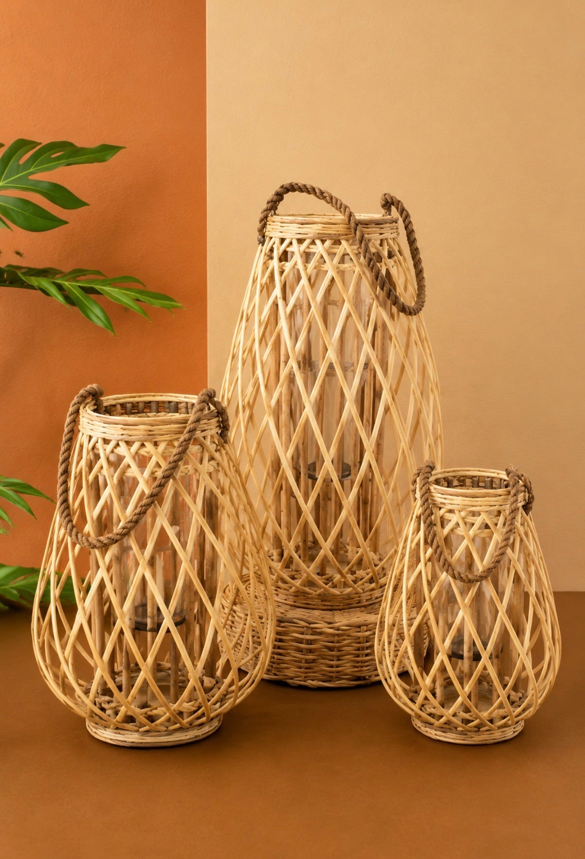 Set of 3 Natural Willow Lanterns with Glass Insert