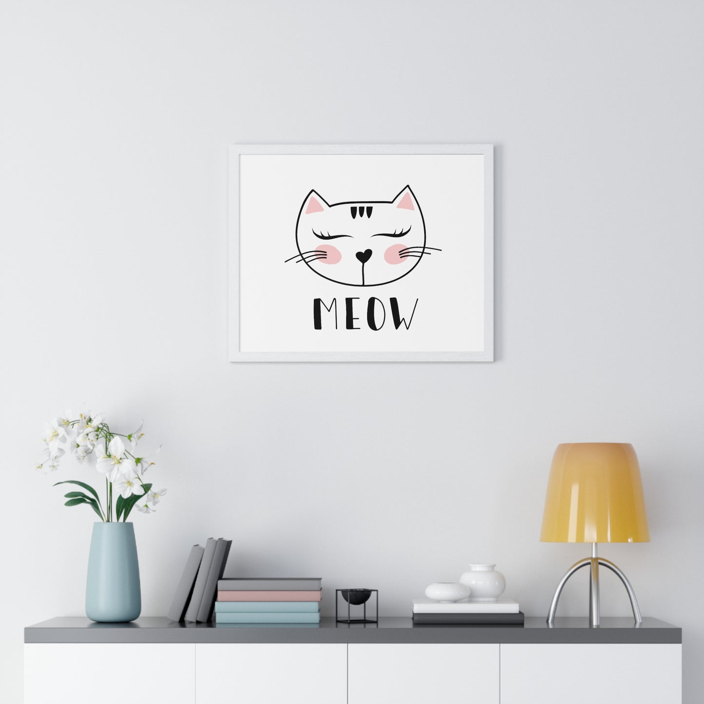 Meow Cat Wall Art Poster  Cute Nursery Horizontal Framed Print