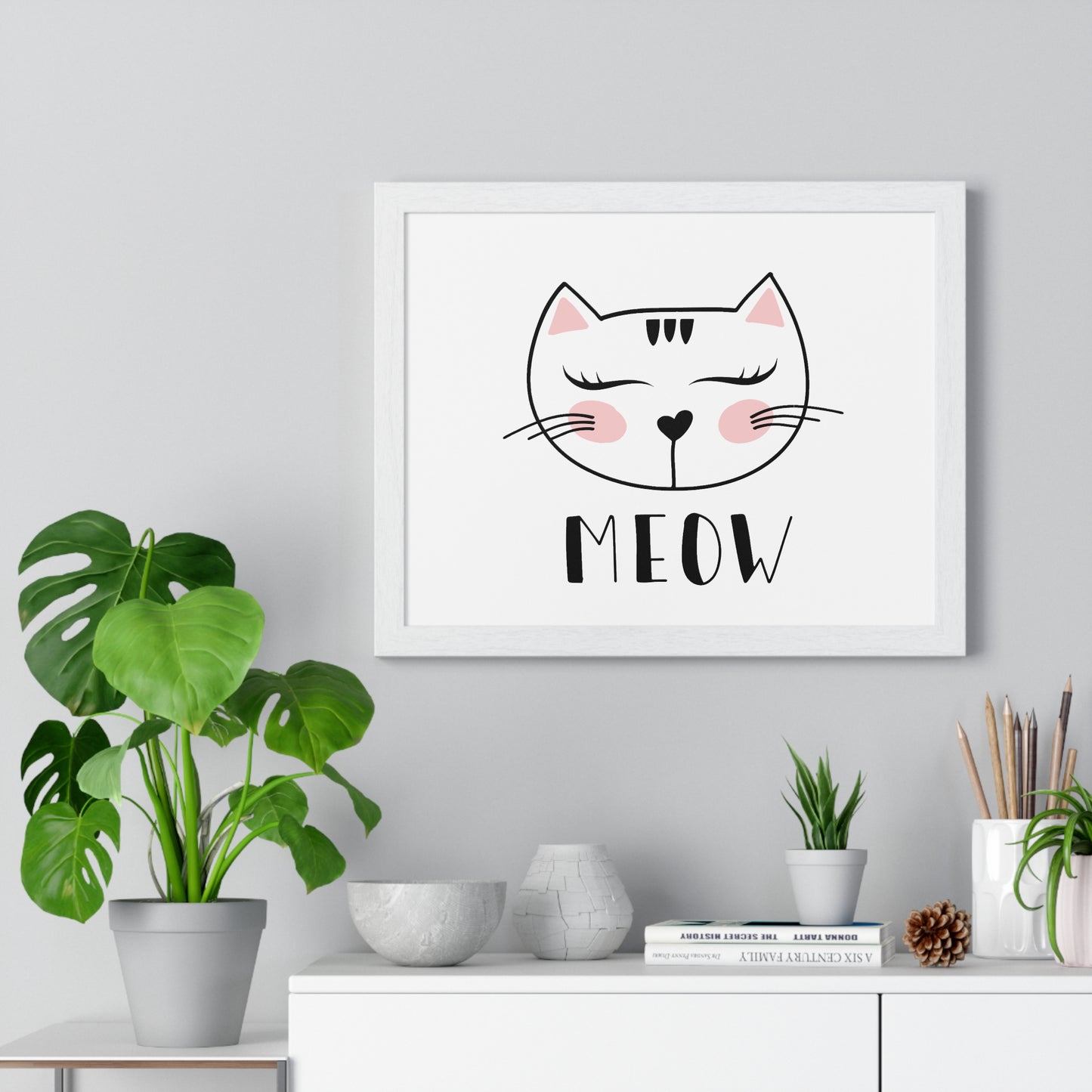 Meow Cat Wall Art Poster  Cute Nursery Horizontal Framed Print