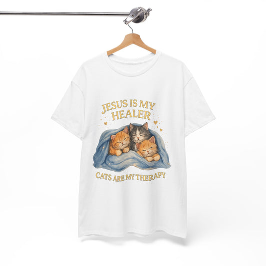 Christian Cat T-Shirt — "Jesus Is My Healer, Cats Are My Therapy" Cute Faith & Pet Tee