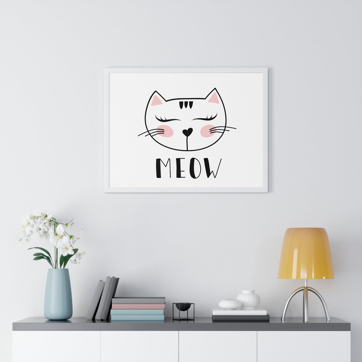 Meow Cat Wall Art Poster  Cute Nursery Horizontal Framed Print
