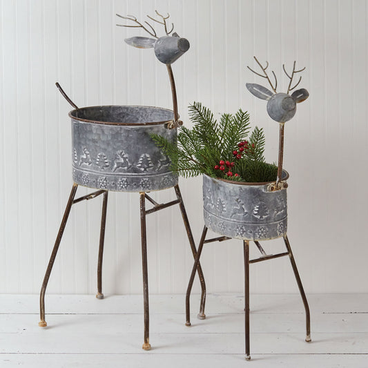 Set of Two Metal Reindeer Planters