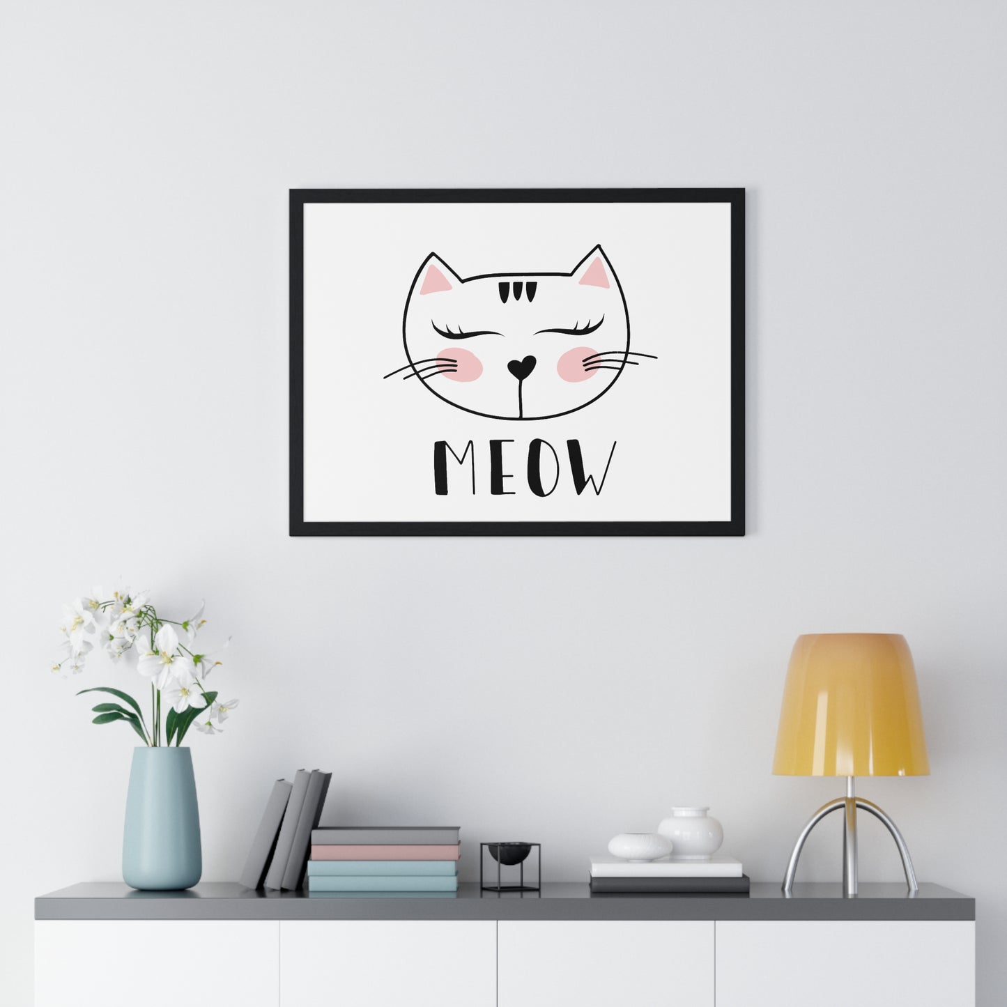 Meow Cat Wall Art Poster  Cute Nursery Horizontal Framed Print