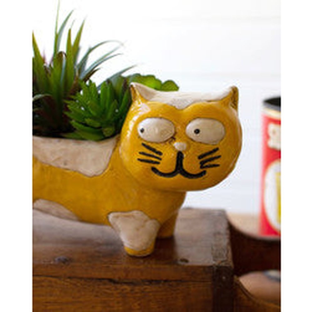 Ceramic Yellow and White Cat Planter