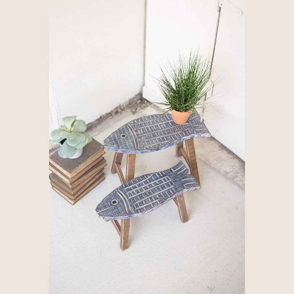 Set of 2 Wooden Fish Stools