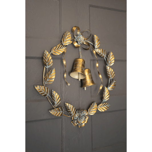 Antique Brass Christmas Wreath with Leaves and Bells