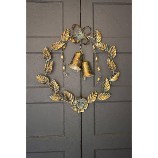 Antique Brass Christmas Wreath with Leaves and Bells