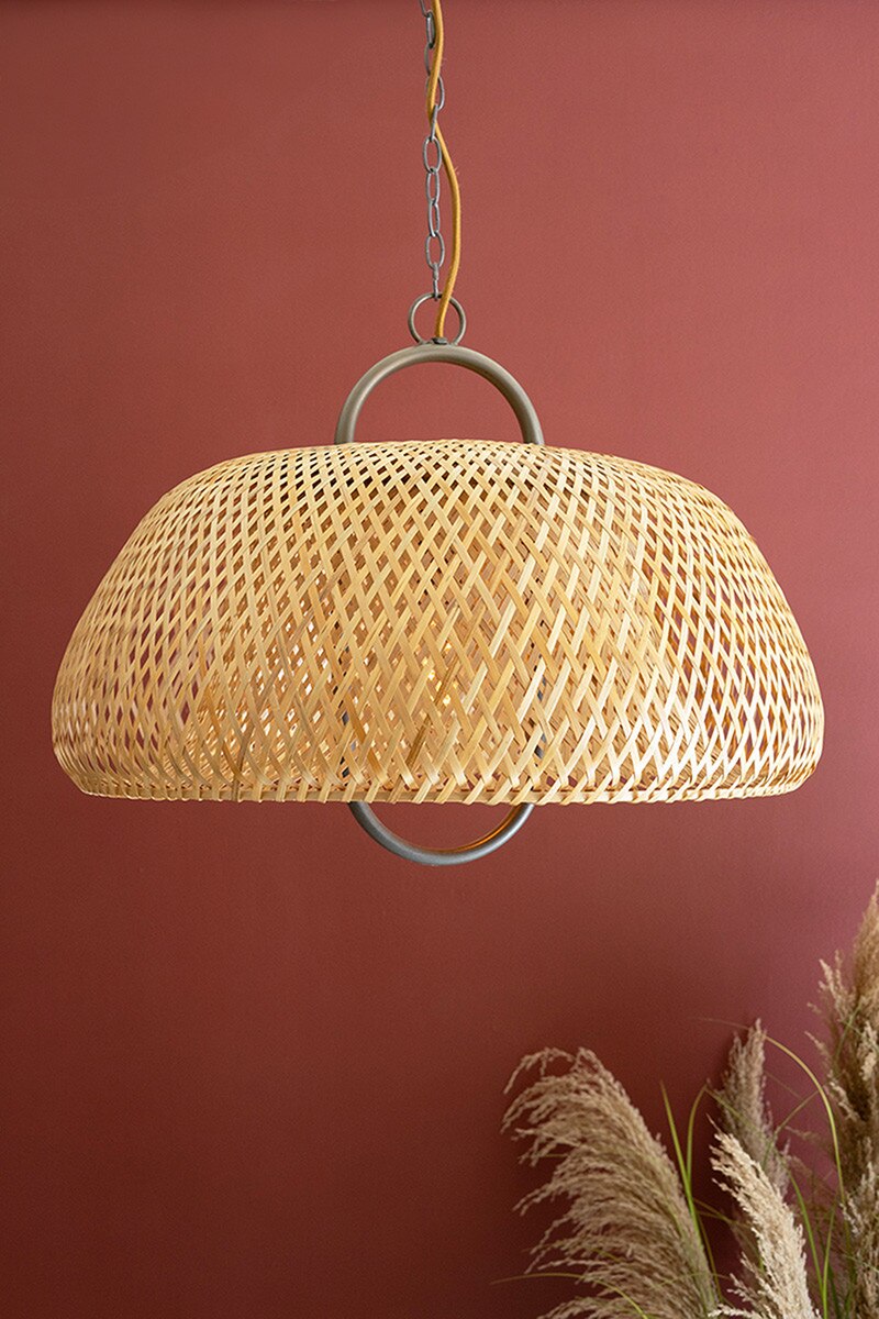 Metal and Wood Pendant Lamp with Woven Cane Shade