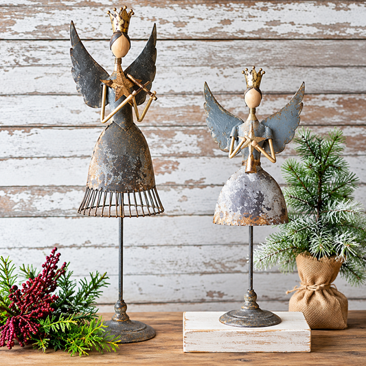 Pair of Metal Angels Harmonizing with Musical Instruments