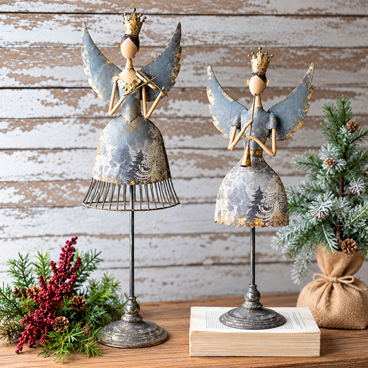 Pair of Metal Angels Harmonizing with Musical Instruments