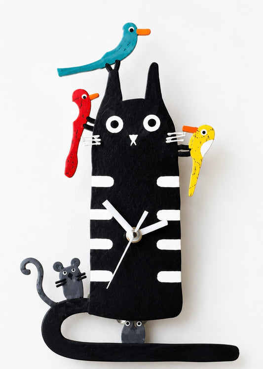 Hand-Painted Black Cat Wall Clock with Moving Pendulum