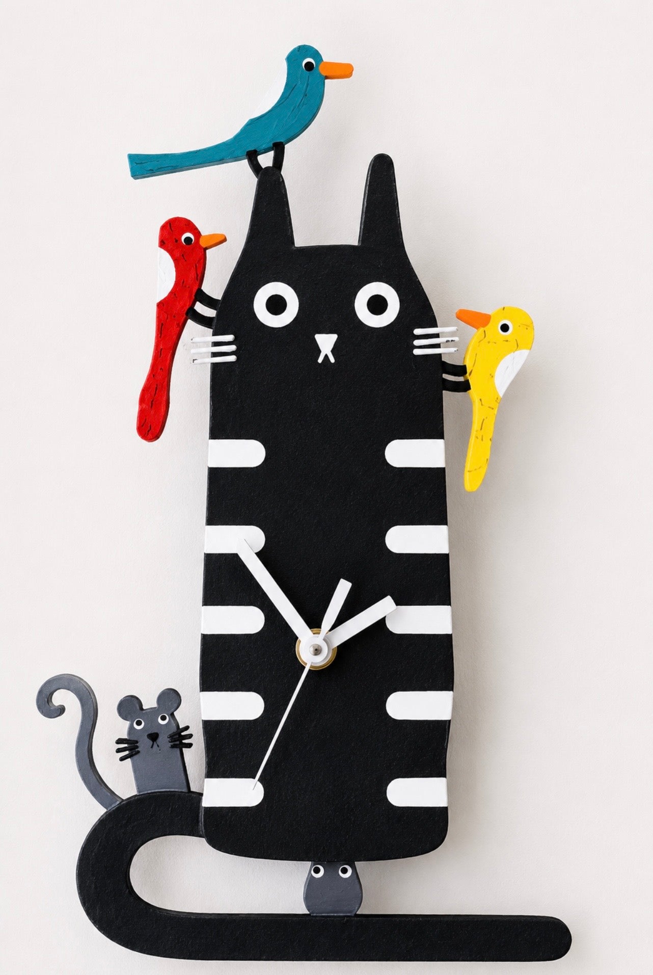 Hand-Painted Black Cat Wall Clock with Moving Pendulum