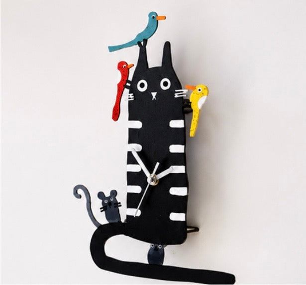 Hand-Painted Black Cat Wall Clock with Moving Pendulum