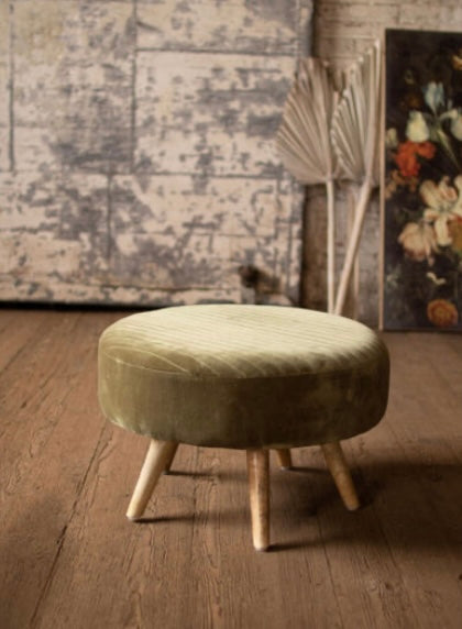 Velvet Ottoman with Wooden Legs