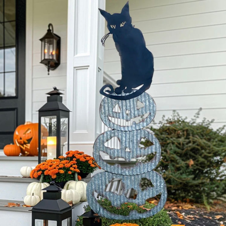 Stacking Hand Painted Metal Jack-O-Lanterns with Cat Yard Art