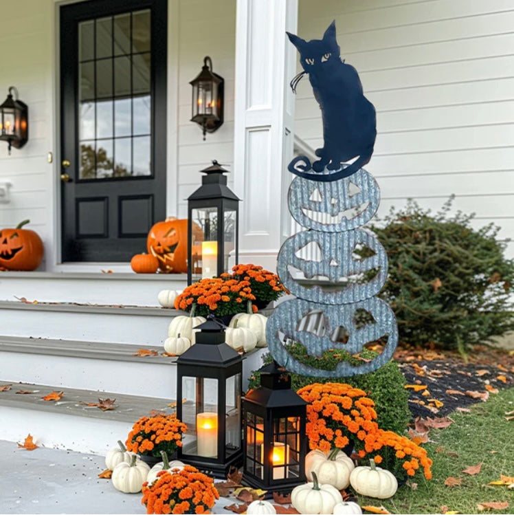 Stacking Hand Painted Metal Jack-O-Lanterns with Cat Yard Art