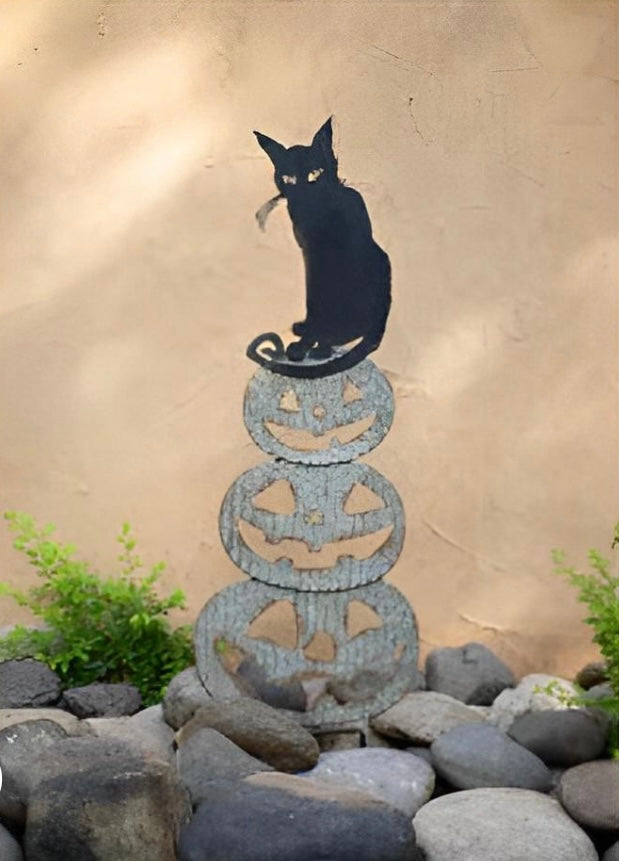 Stacking Hand Painted Metal Jack-O-Lanterns with Cat Yard Art