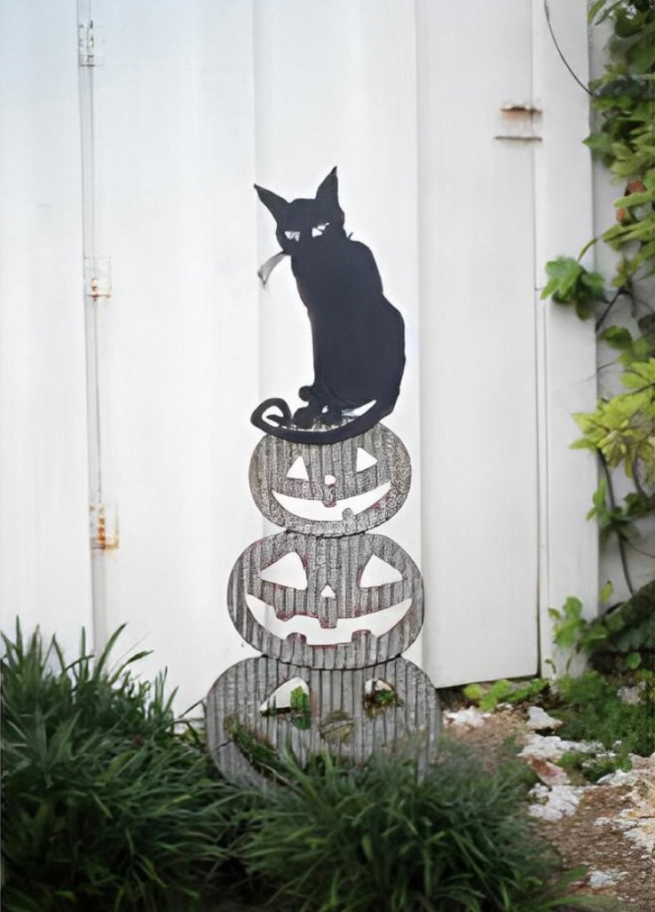 Stacking Hand Painted Metal Jack-O-Lanterns with Cat Yard Art