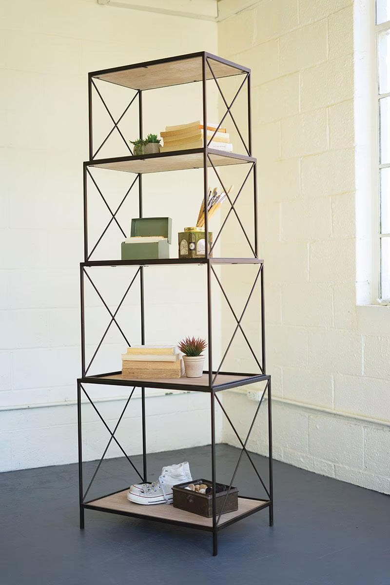 Stackable Four-Tiered Metal & Wood Shelving Unit