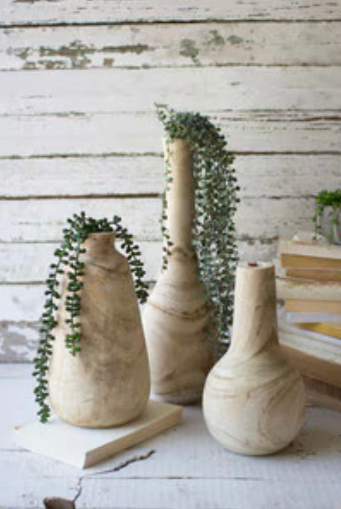 Set of 3 Hand-Carved Tall Wooden Bottles