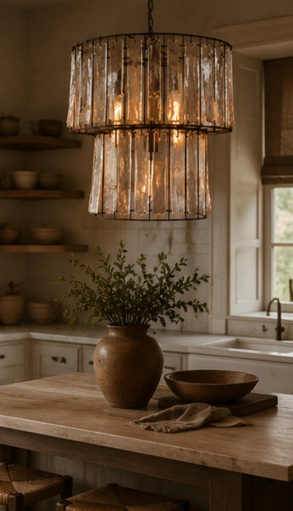 Two-Tiered Round Pendant Light with Glass Chimes