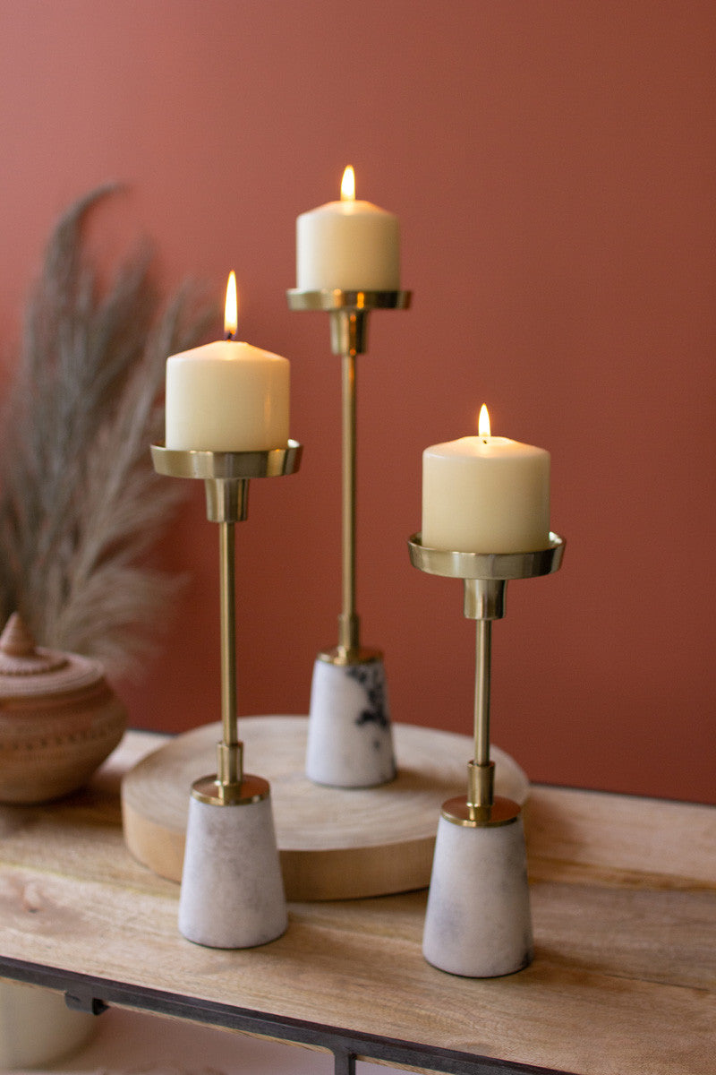 Set of 3 Brass Pillar Candle Holders with Marble Bases