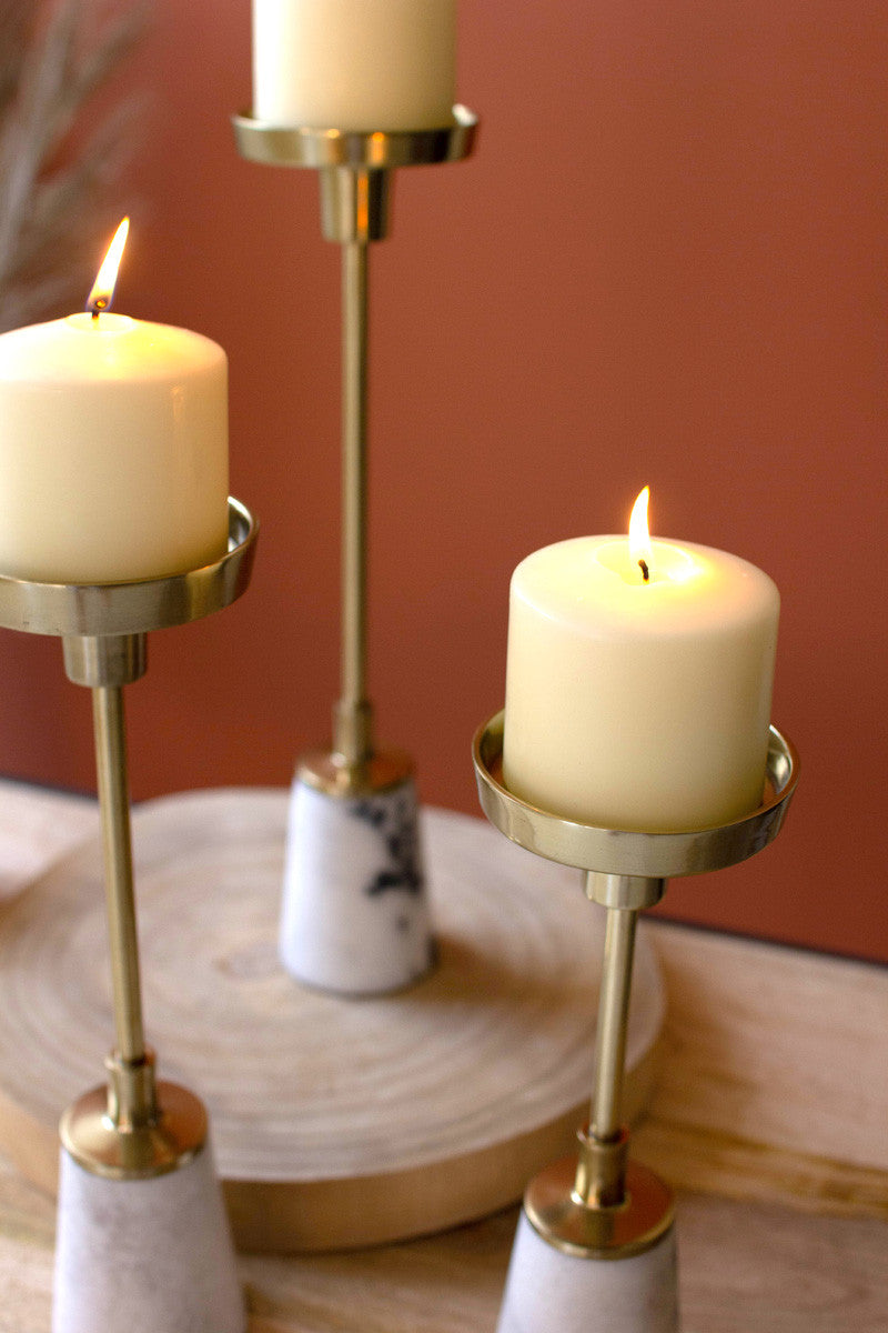 Set of 3 Brass Pillar Candle Holders with Marble Bases