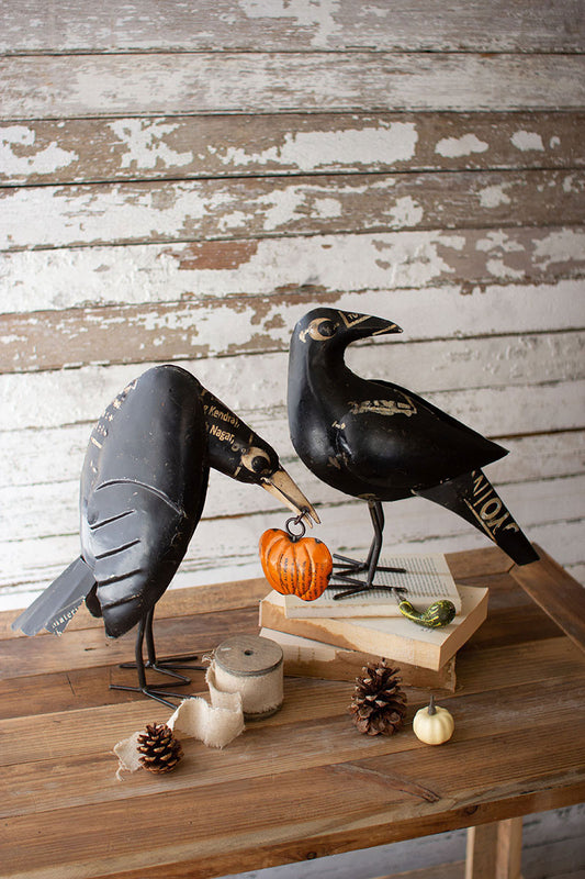 Set of 2 Recycled Iron Crows Holding a Pumpkin