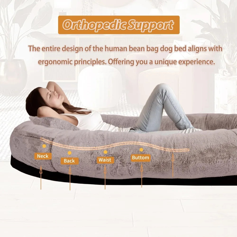 Human Dog Bed - Extra Large Bean Bag Bed for Adults & Pets, Washable Faux Fur Cover