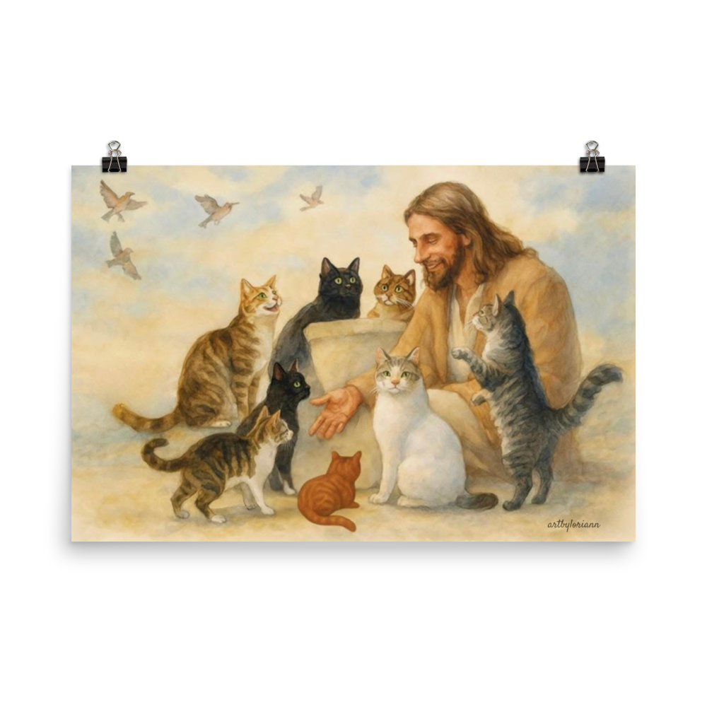 Jesus with Cats – A Portrait of Compassion Poster