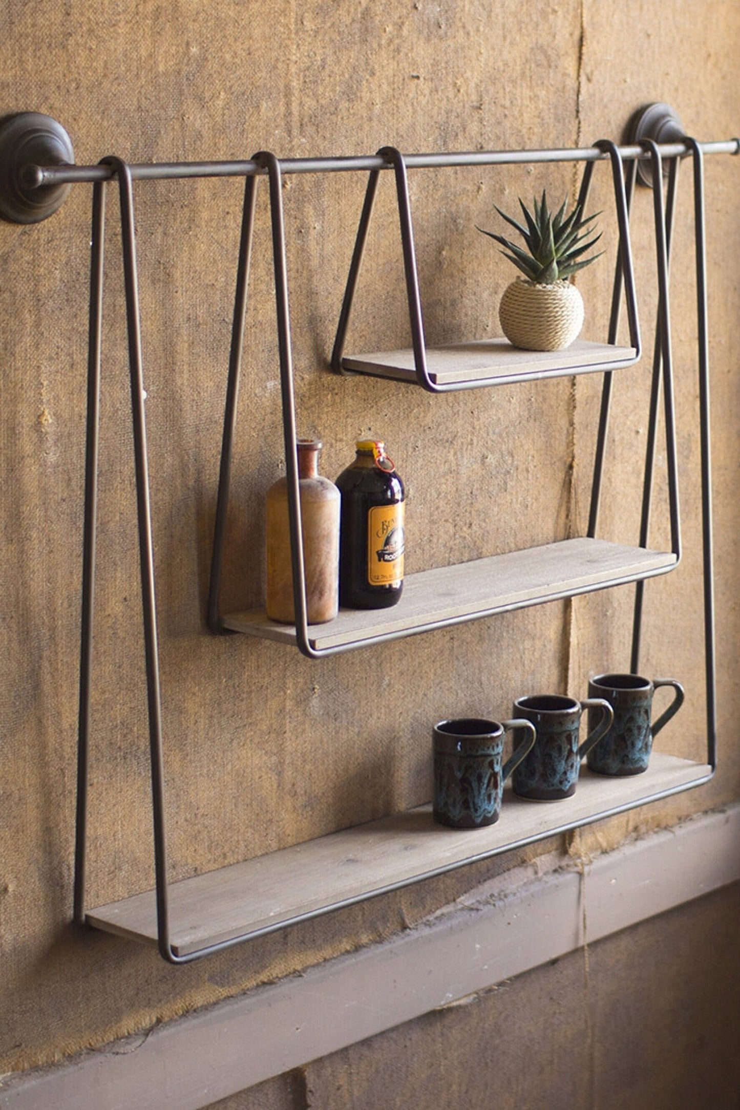 Wood and Metal Triple Hanging Shelf