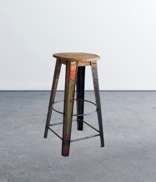 Handcrafted Rustic Bar Stool With Metal Base with Wooden Top - Recycled
