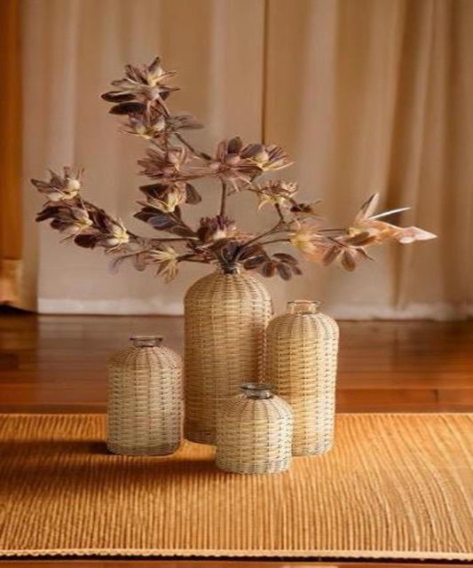 Elegant Set of 4 Rattan Wrapped Glass Vases
