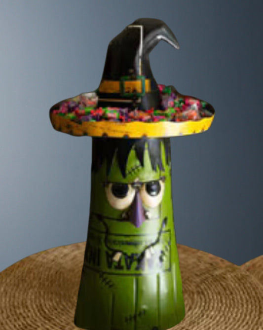 Recycled Metal Green Ghost Wearing a Candy Bowl Hat
