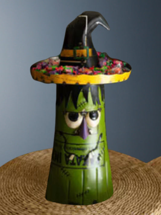Recycled Metal Green Ghost Wearing a Candy Bowl Hat