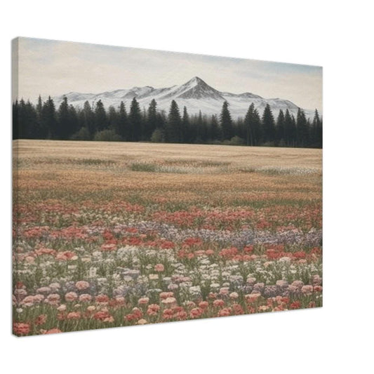 Wildflowers in a Field with Stunning Mountain View - Canvas Wall Art