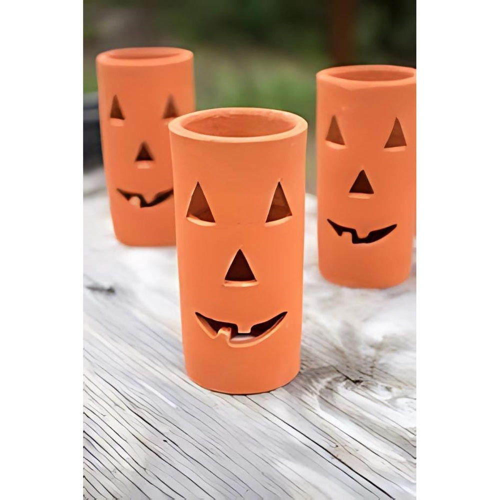 Set of 6 Pumpkin Clay Jack-O-Lantern Luminaries