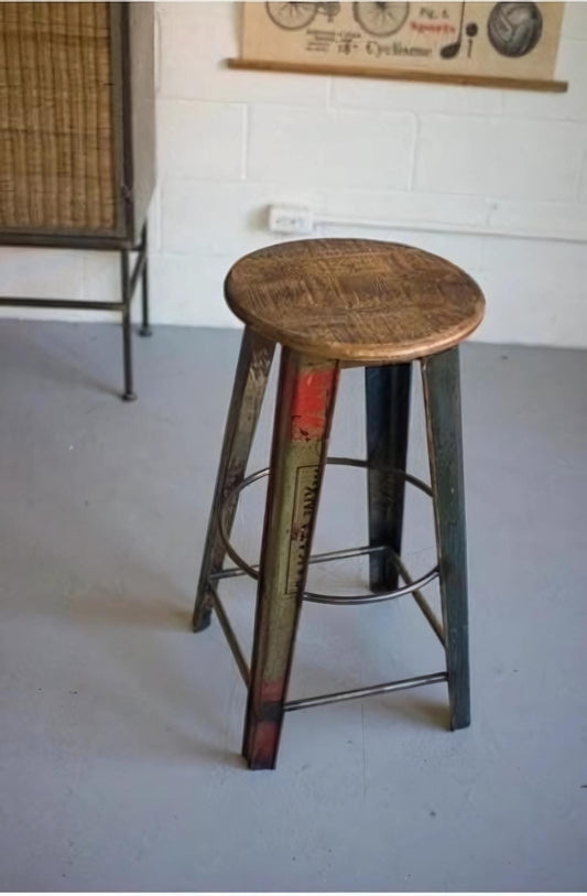 Handcrafted Rustic Bar Stool With Metal Base with Wooden Top - Recycled