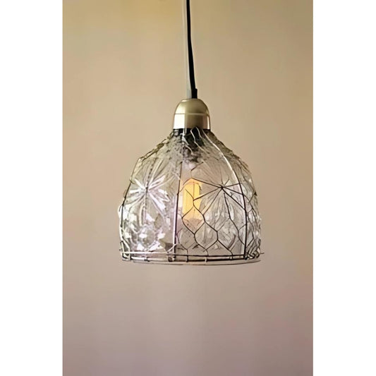 Vintage Cage Glass Pendant Lamp with Brushed Nickel Cap and Canopy