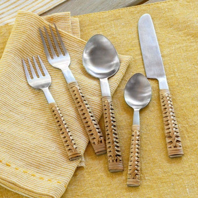 Handcrafted Cutlery Set with Handles Crafted from Woven Bamboo ~ Set of 20